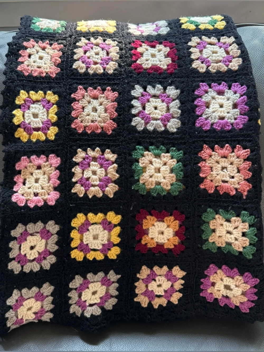 VTG Granny Square Wool Handmade Afghan Multicolor Black Throw Boho Cottage 72x54